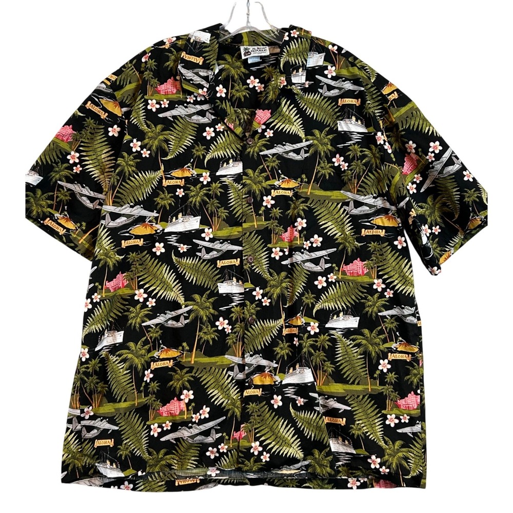 Aloha Republic Mens 2XL Hawaiian Shirt Seaplane Ship Tropical Black Island Beach